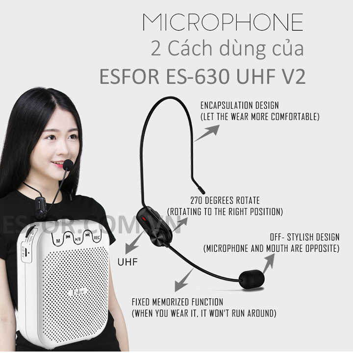 Máy trợ giảng không dây Hàn Quốc ESFOR ES-630 UHF V2, Loa Bluetooth 5.0 ES630 UHF V2 bản cải tiến nâng cấp mới